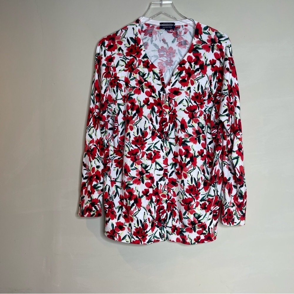 Land's End Red Green Cardigan floral Sweater